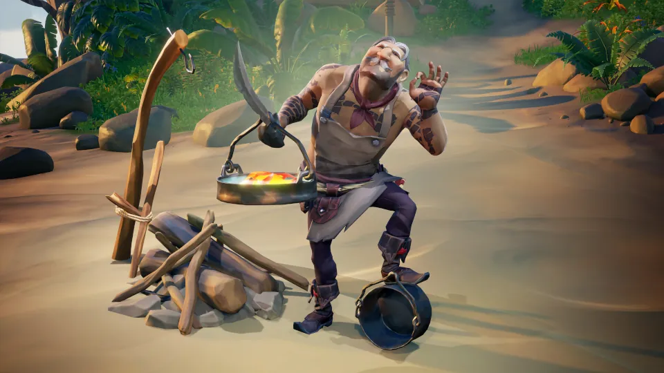 A tattooed pirate chef is cooking over a fire on a beach. He's holding a pot and making an 'okay' hand gesture, seemingly pleased with his cooking.